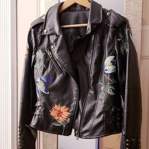 Black Biker Jacket with Flowers